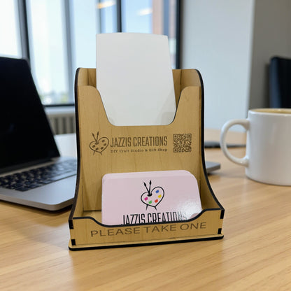 Custom laser engraved wooden brochure and business card holder with logo, professional counter display for offices, reception desks, corporate branding, and vendor booths by Jazzi’s Creations in orange partk fl
