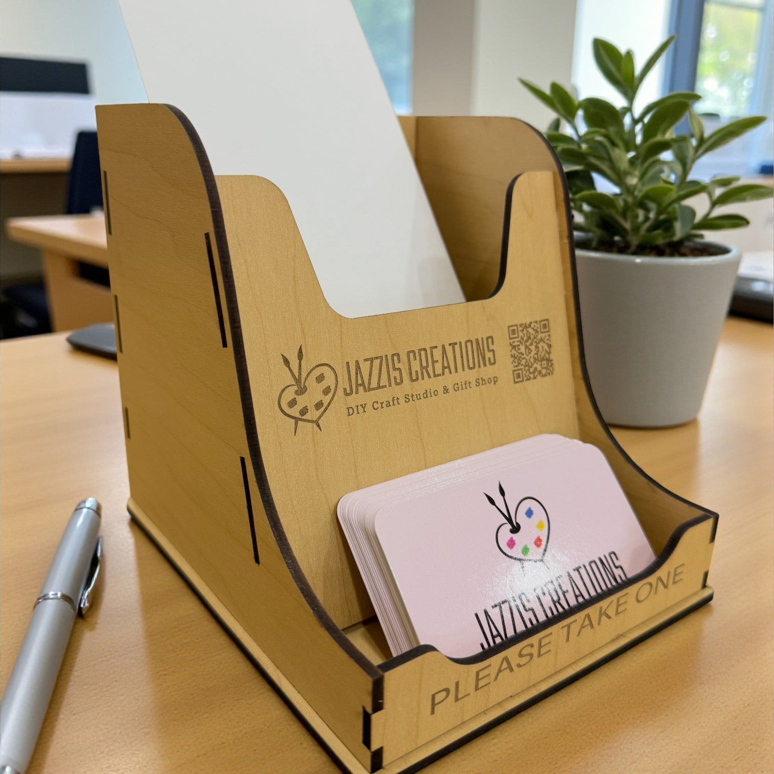 personalized laser engraved wooden brochure and business card holder with logo, professional counter display for offices, reception desks, corporate branding, and vendor booths by Jazzi’s Creations in orange partk fl