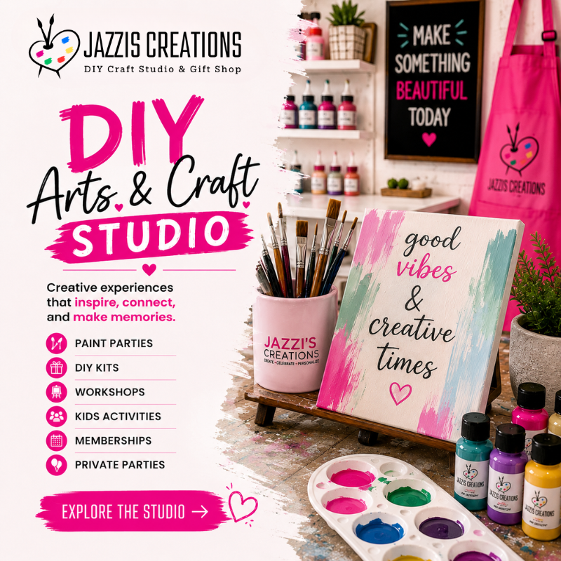 Bright and colorful DIY Arts & Craft Studio promotional graphic for Jazzi’s Creations featuring paint brushes, paint bottles, canvas artwork, workshops, paint parties, kids activities, DIY kits, and creative experiences in Orange Park, Florida.