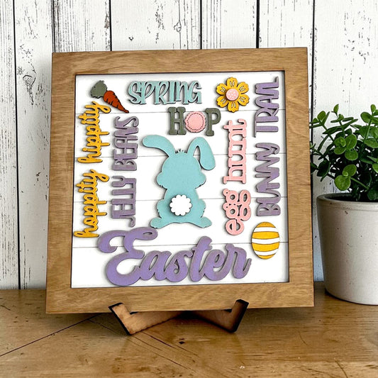 DIY Easter bunny word art wooden craft kit spring Easter decor shelf sign project by Jazzi's Creations.
