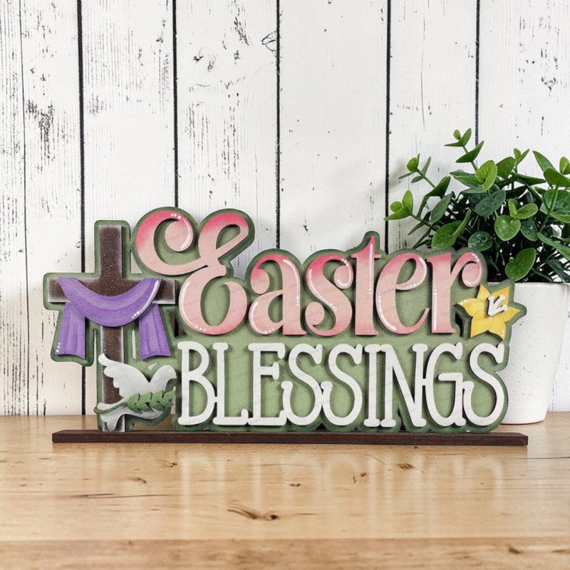 DIY Easter Blessings wooden craft kit with cross, dove, and lily Christian Easter shelf sitter decor by Jazzi’s Creations.
