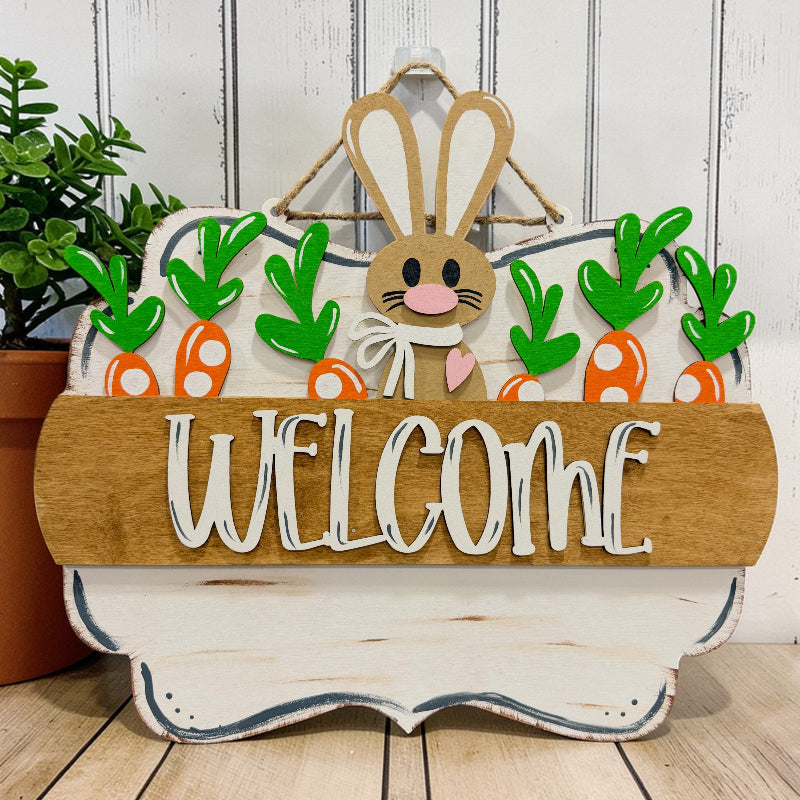 Hand-painted Easter bunny welcome interchangeable sign insert with carrots for front door décor by Jazzi’s Creations in Orange Park Florida