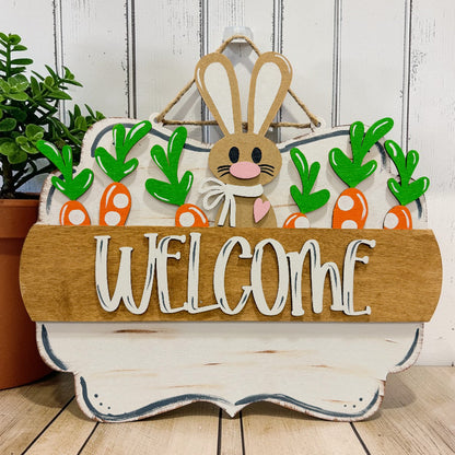 Hand-painted Easter bunny welcome interchangeable sign insert with carrots for front door décor by Jazzi’s Creations in Orange Park Florida