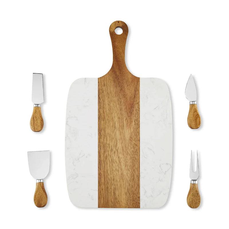 Wooden and marble cutting board with four cheese tools at jazzis creations in orange park fl