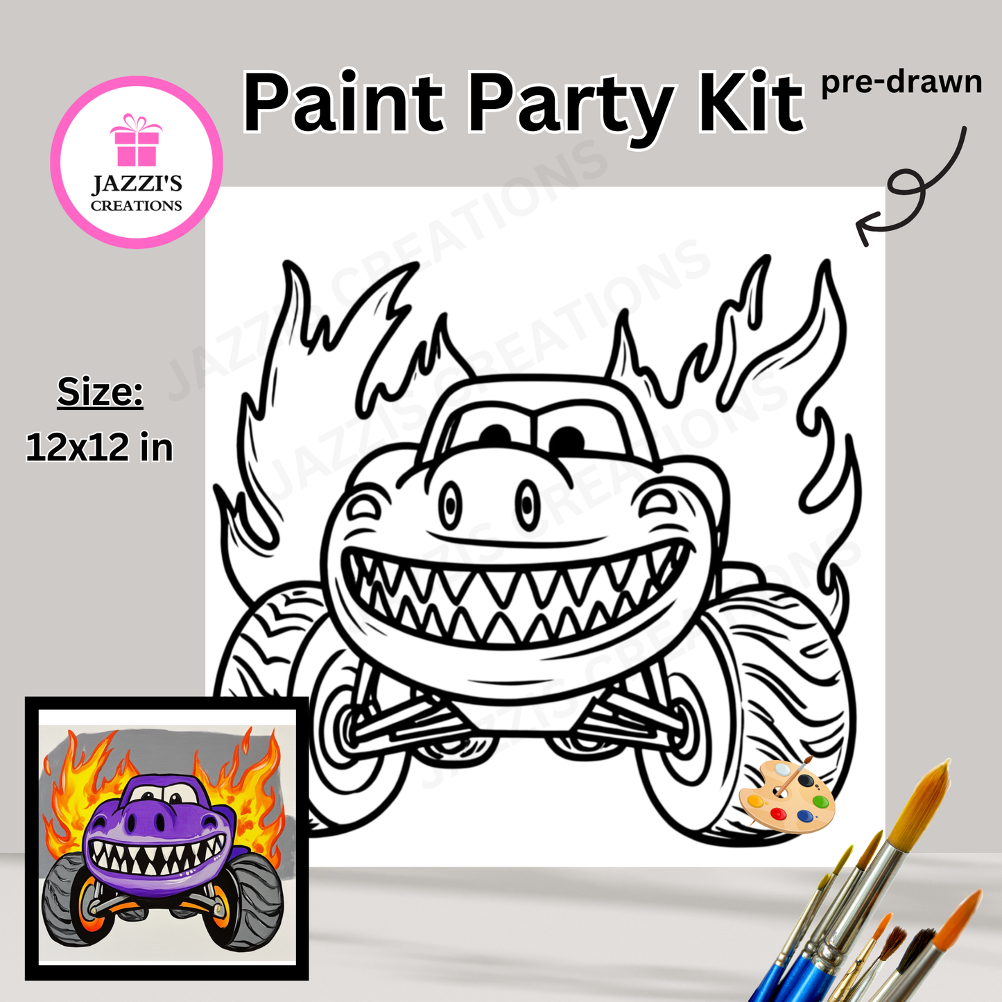 DIY Canvas Paint Party Kit - Fire Monster Truck