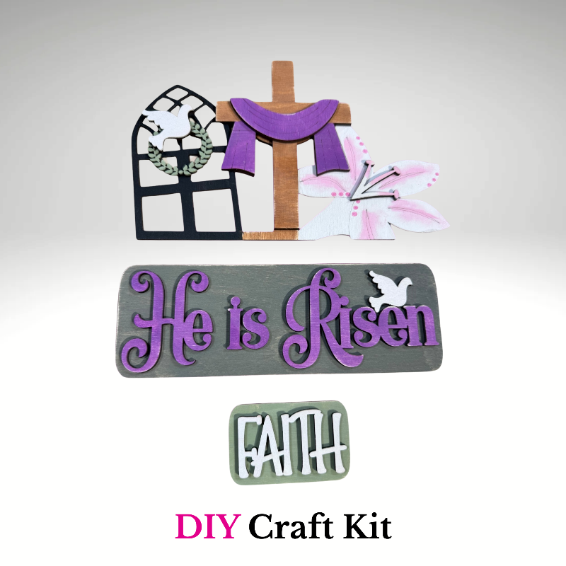 Easter-themed DIY craft kit with cross, dove, and 'He is Risen' text on a white background.