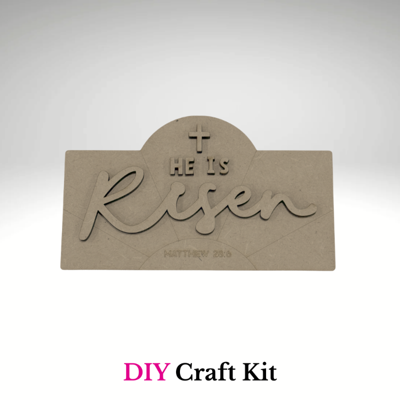 Unfinished He Is Risen Easter interchangeable mini stand insert DIY craft kit with layered wood cross and Matthew 28:6 engraving by Jazzi’s Creations in Orange Park Florida
