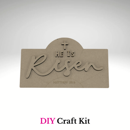 Unfinished He Is Risen Easter interchangeable mini stand insert DIY craft kit with layered wood cross and Matthew 28:6 engraving by Jazzi’s Creations in Orange Park Florida