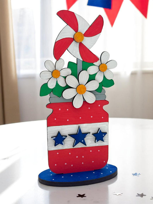 DIY Patriotic Mason Jar Wood Sign – Pinwheel & Daisies Tiered Tray Kit 🇺🇸