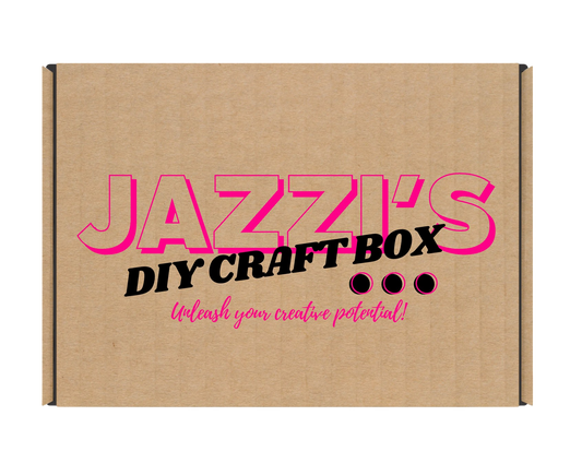 Jazzi’s DIY Craft Box branded packaging with slogan “Unleash your creative potential!” in pink and black text.
