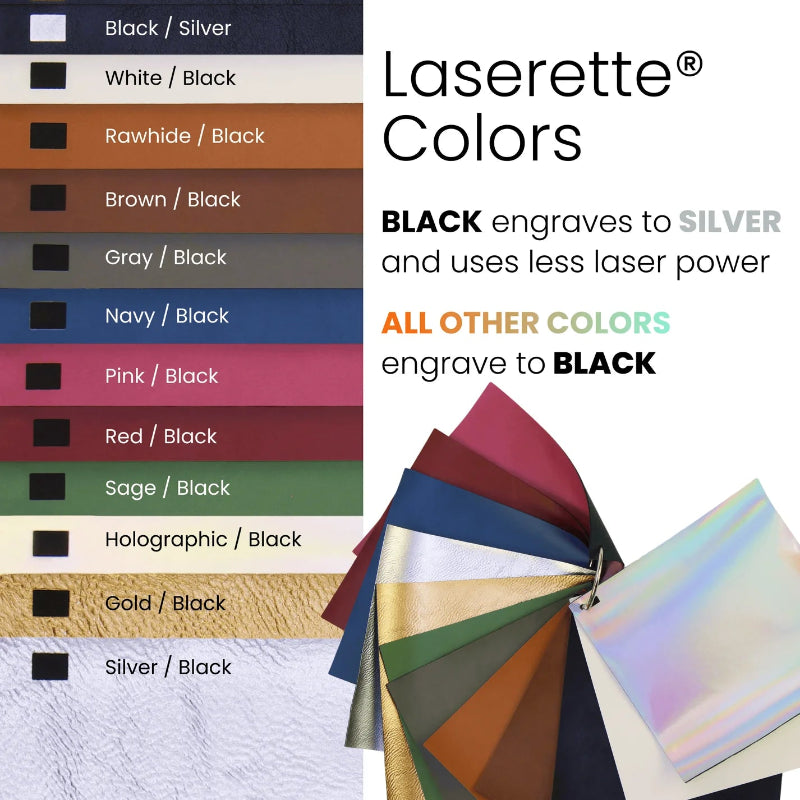 Laserette colors chart with color swatches and engraving information at jazzis creations in orange park fl