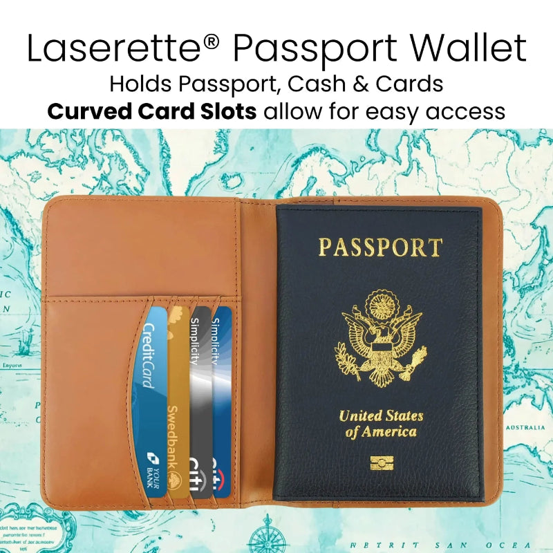 Luxury engraved vegan leather passport holder with RFID blocking by Jazzi’s Creations showing interior card slots and dimensions for corporate gifting