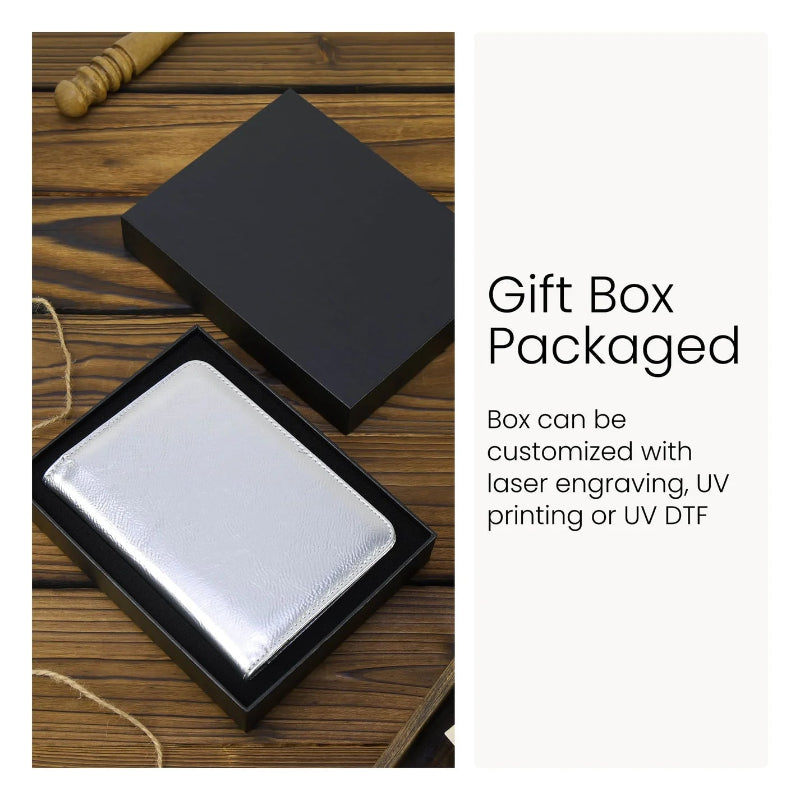 Black gift box with silver interior on a wooden surface, text about customization options 