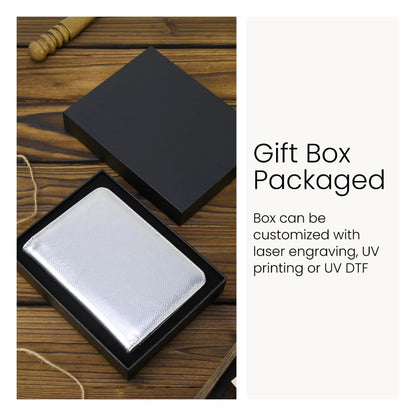 Black gift box with silver interior on a wooden surface, text about customization options 