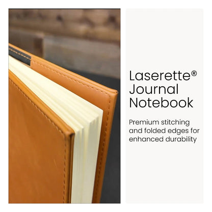Brown journal notebook with visible stitching, featuring Laserette branding.