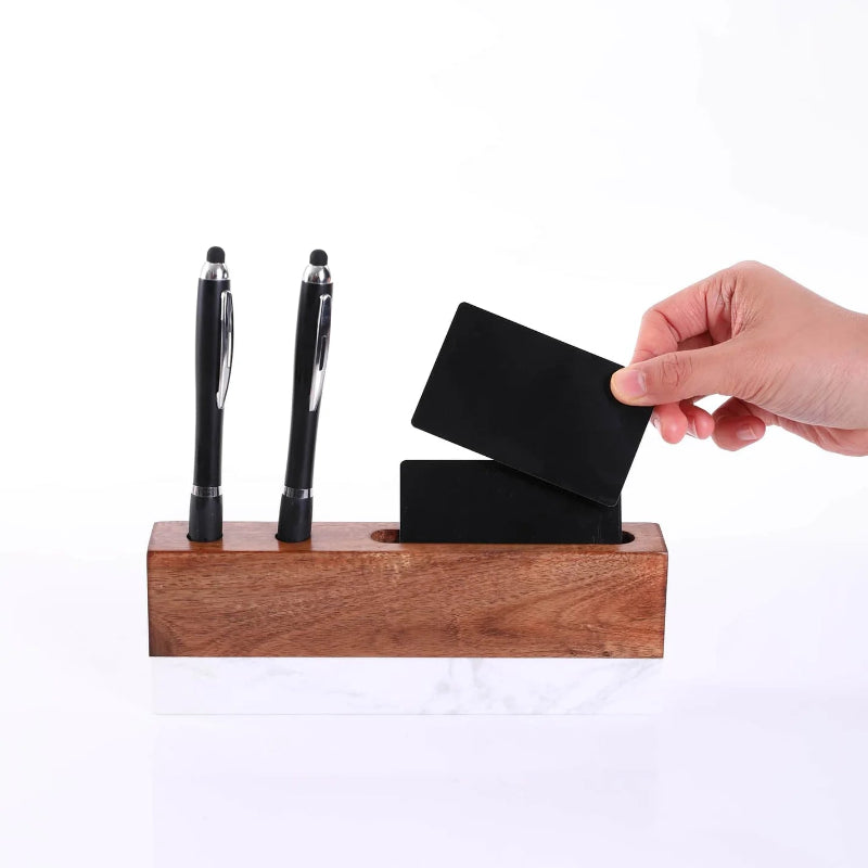 Marble and acacia wood desk name plate packaged in gift box by Jazzi’s Creations for corporate and executive gifting