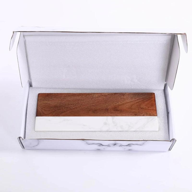 Personalized marble and acacia wood desk organizer by Jazzi’s Creations holding pens and business cards for professional office decor