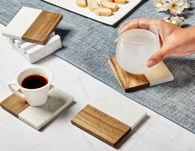 Blank marble and acacia wood coaster set for laser engraving by Jazzi’s Creations for corporate branding and personalized gifts
