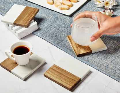 Blank marble and acacia wood coaster set for laser engraving by Jazzi’s Creations for corporate branding and personalized gifts