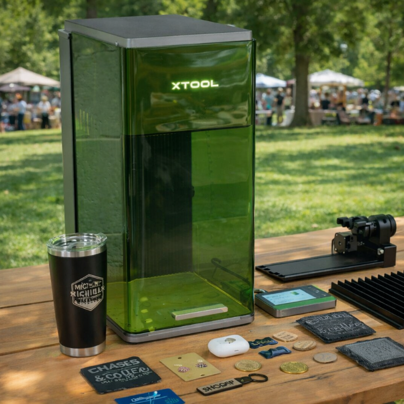 On-site laser engraving setup from Jazzi’s Creations featuring a green xTool laser machine and personalized engraved products including tumblers, leather patches, tags, coasters, and custom business merchandise for live events and corporate activations.