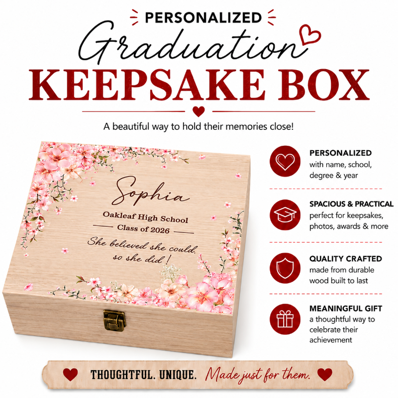 Personalized graduation keepsake box with floral design, custom graduate name, school, degree, and year by Jazzi’s Creations in Orange Park FL