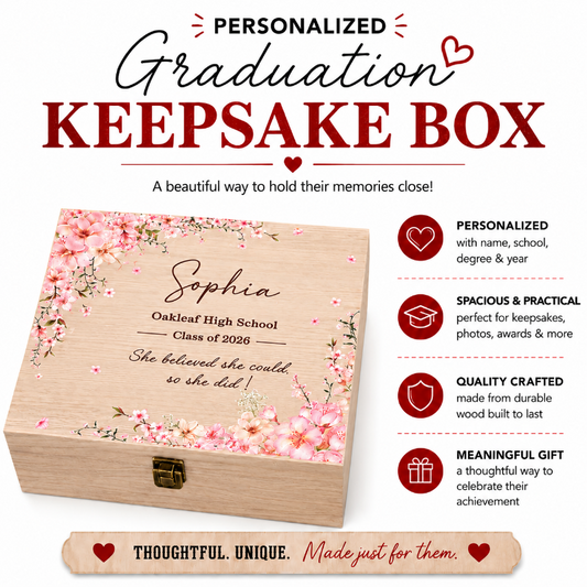 Personalized graduation keepsake box with floral design, custom graduate name, school, degree, and year by Jazzi’s Creations in Orange Park FL