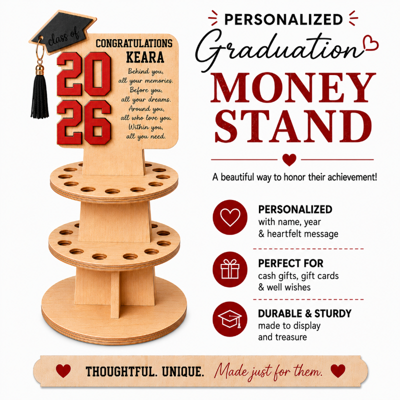 Personalized wooden graduation money stand with custom name, class year, black graduation cap, and laser cut design by Jazzi’s Creations