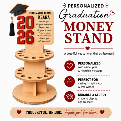Personalized wooden graduation money stand with custom name, class year, black graduation cap, and laser cut design by Jazzi’s Creations