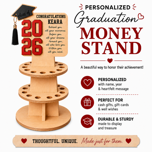 Personalized wooden graduation money stand with custom name, class year, black graduation cap, and laser cut design by Jazzi’s Creations