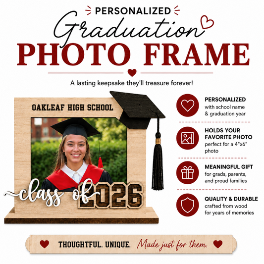 Personalized wooden graduation photo frame with custom school name, graduation year, and black graduation cap by Jazzi’s Creations