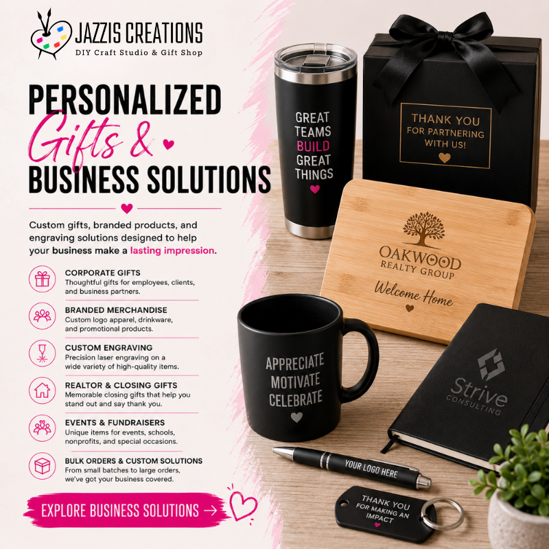 Professional personalized gifts and business solutions promotional graphic for Jazzi’s Creations featuring custom engraved gifts, branded drinkware, corporate gifts, realtor closing gifts, laser engraving, promotional products, and business branding services in Orange Park, Florida.