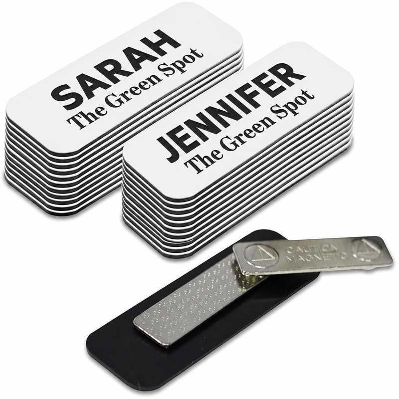 White plastic magnetic name tag with custom laser engraving for employee identification, corporate events, and conferences from Jazzi's Creations, Orange Park, Florida.