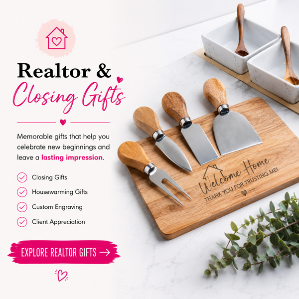 Realtor and closing gift promotional graphic from Jazzi’s Creations featuring engraved charcuterie boards, marble serving trays, cheese knives, and personalized housewarming gifts designed for realtors, homeowners, and client appreciation.