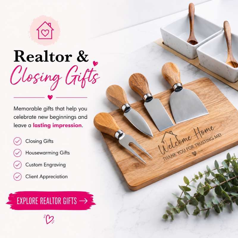 Realtor and closing gift promotional graphic from Jazzi’s Creations featuring engraved charcuterie boards, marble serving trays, cheese knives, and personalized housewarming gifts designed for realtors, homeowners, and client appreciation.