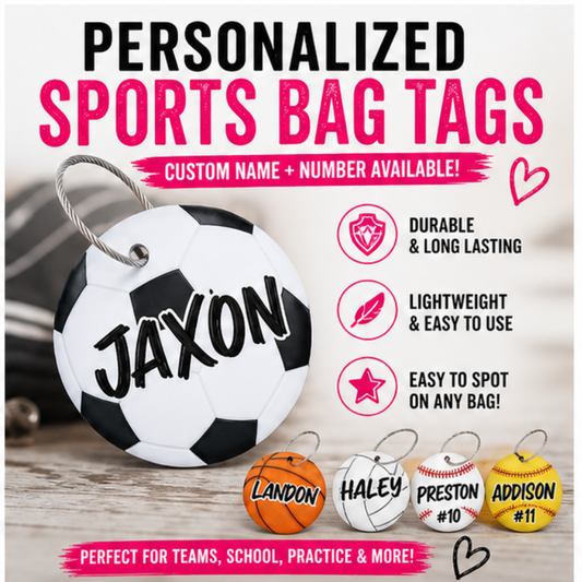 Team orders available for personalized sports bag tags bulk pricing for teams coaches and end of season gifts Jazzis Creations Orange Park FL