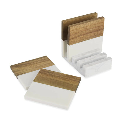 Personalized marble and acacia wood coaster set by Jazzi’s Creations with drinks on tabletop for executive home and corporate gifting