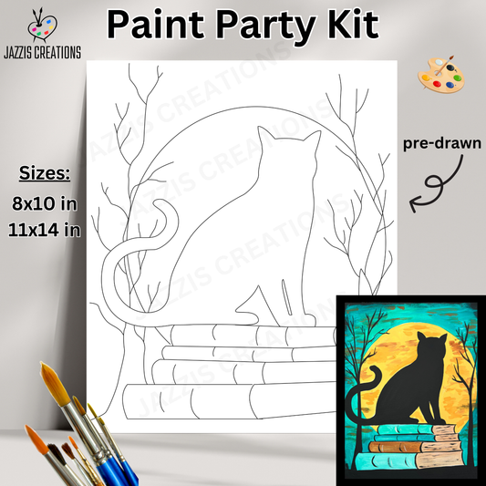 📚🐾 Black Cat & Books | Halloween Magic Awaits – Paint Party Kit