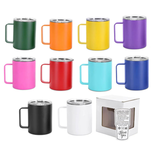 Personalized 12oz stainless steel camper mug in multiple powder-coated colors by Jazzi’s Creations for corporate gifting and teacher appreciation