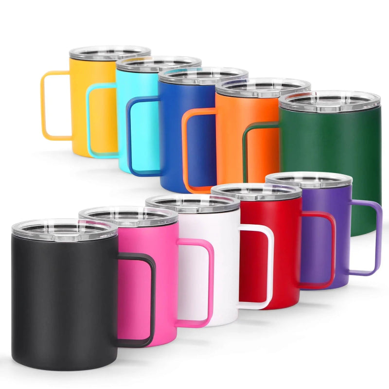 Custom 12oz stainless steel camper mugs in 10 colors packaged in gift boxes for Northeast Florida corporate and school orders by Jazzi’s Creations
