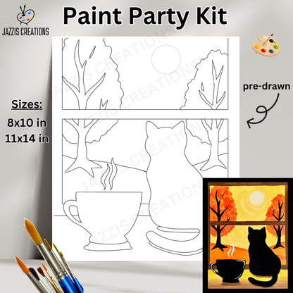 Paint Party Kit with pre-drawn outlines of a cat, cup, and trees, brushes, and a completed artwork.