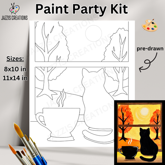 Paint Party Kit with pre-drawn outlines of a cat, cup, and trees, brushes, and a completed artwork.