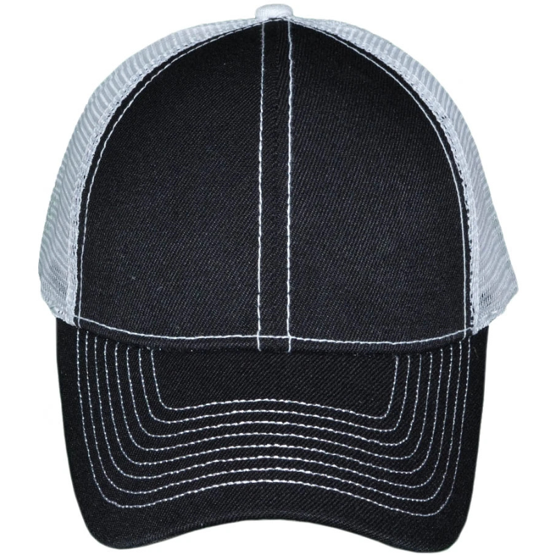 Front view of a black and gray contrast stitching trucker hat with white stitching and structured 6-panel design at Jazzi's Creations.