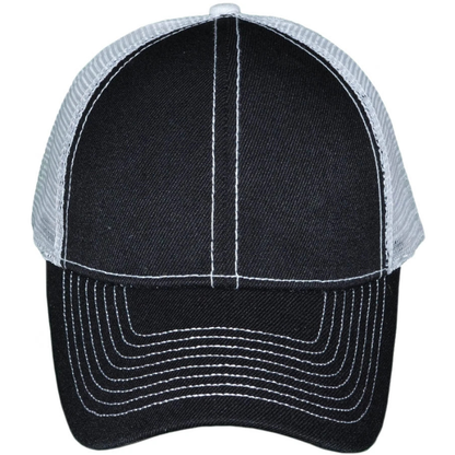 Front view of a black and gray contrast stitching trucker hat with white stitching and structured 6-panel design at Jazzi's Creations.