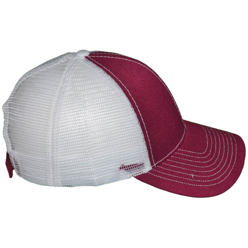 Side view of a burgundy and white contrast stitching trucker hat showing the mesh back panel and white stitching detail at Jazzi's Creations.