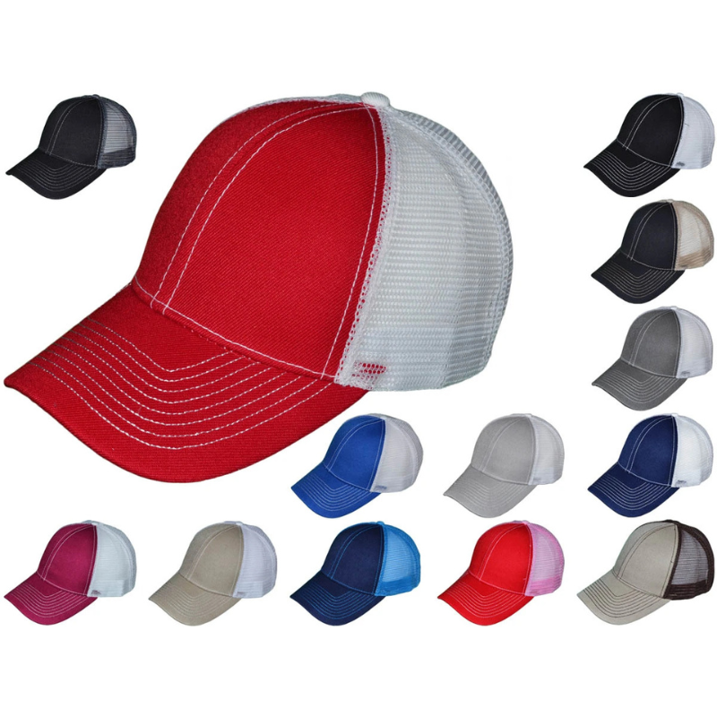 Color options for contrast stitching trucker hats available for custom embroidery and leather patch personalization at Jazzi's Creations in Orange Park, Florida.