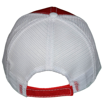 Back view of a red and white contrast stitching trucker hat showing the mesh panel and velcro closure at Jazzi's Creations.