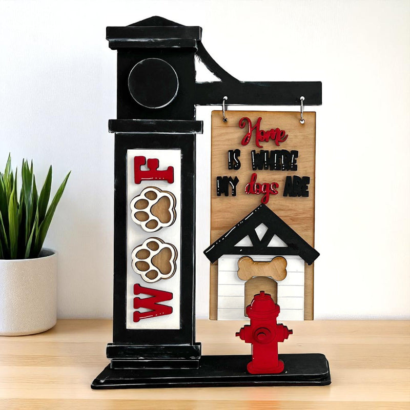 DIY interchangeable arm post with dog theme by Jazzi’s Creations in Orange Park FL unpainted wooden craft kit with paw print and home sign decor