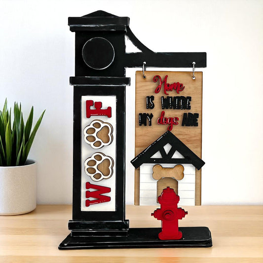 DIY interchangeable arm post with dog theme by Jazzi’s Creations in Orange Park FL unpainted wooden craft kit with paw print and home sign decor