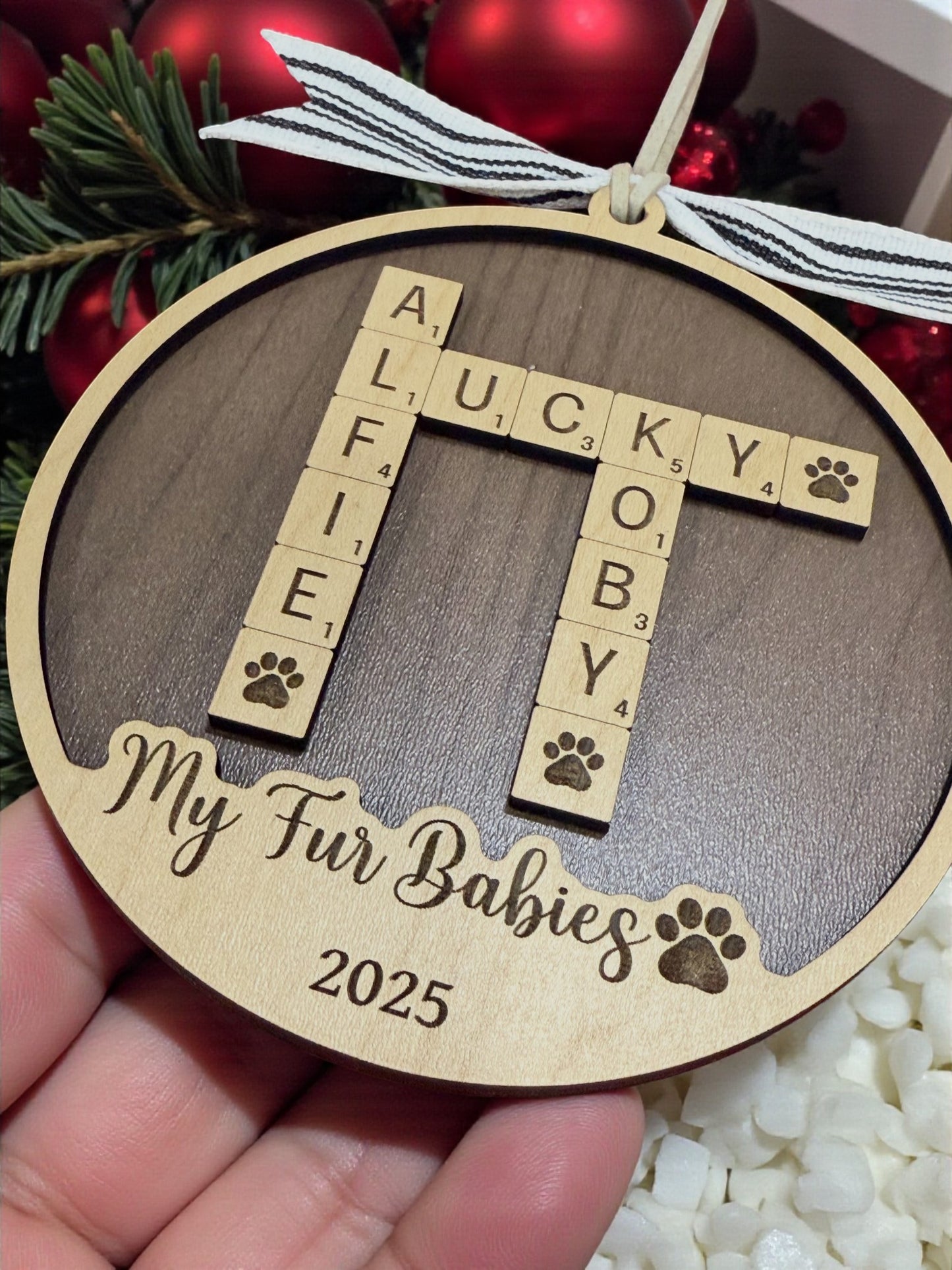Personalized Scrabble Name Ornament – Custom Family or Pet Names, Up to 5 Names Included, 2025 Christmas Wooden Ornament