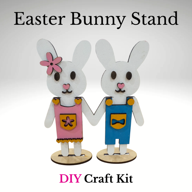 Unfinished Easter Bunny Stand DIY craft kit featuring two standing wooden bunnies ready to paint for spring decor at jazzis creations in orange park fl
